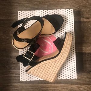 Black patent leather wedges